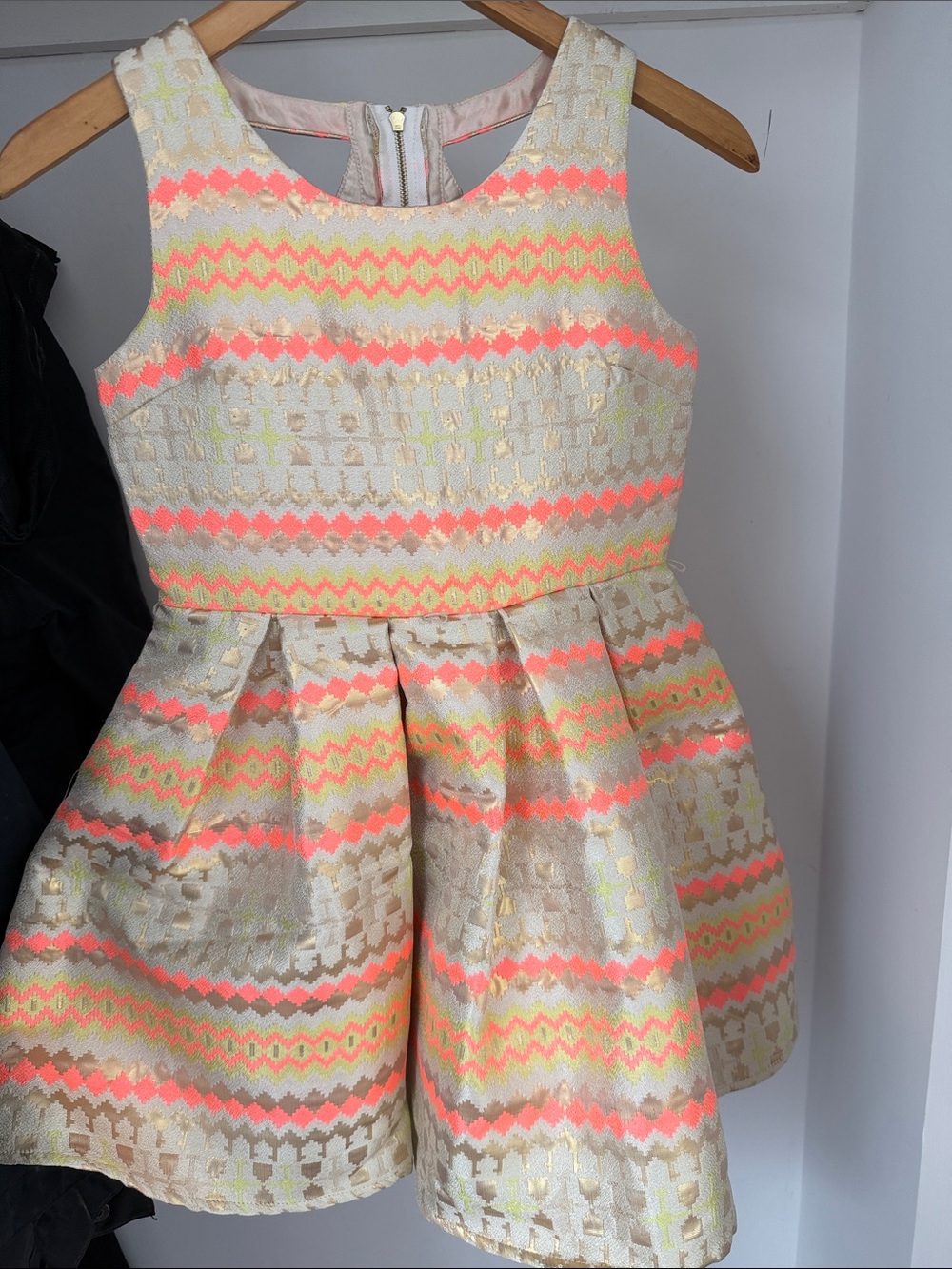 Girls' Ivory Floral Jacquard Party Dress with Neon Accents